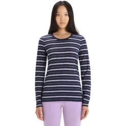 Icebreaker T-Shirt Manches Longues Femme - Wave - Midnight Navy/Purple Gaze/Stripe